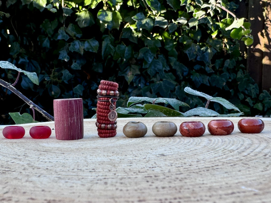 red jasper, wooden and fabric dread beads