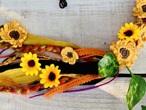 Sunflower Dread Wrap Close Up With Crochet Sunflowers and Leaves