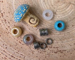 Blue mushroom, stainless steel and gemstone dread bead set