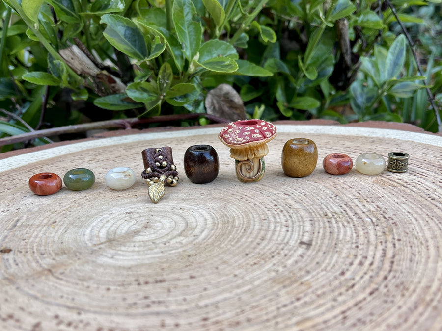 mushroom dreadlock beads with gemstones, wooden beads and leather